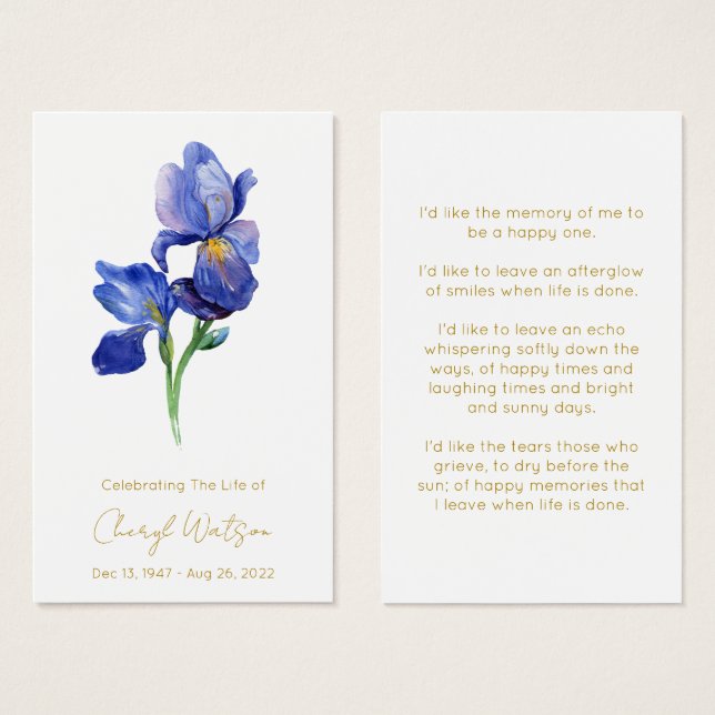 Carte de prière mémorielle funéraire Iris simple (Devant & derrière)