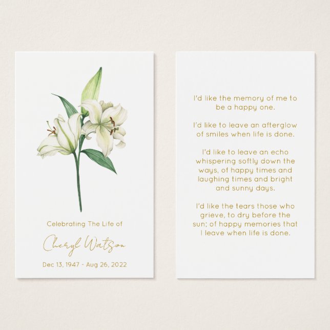 Carte de prière mémorielle funéraire Simple Lily (Devant & derrière)