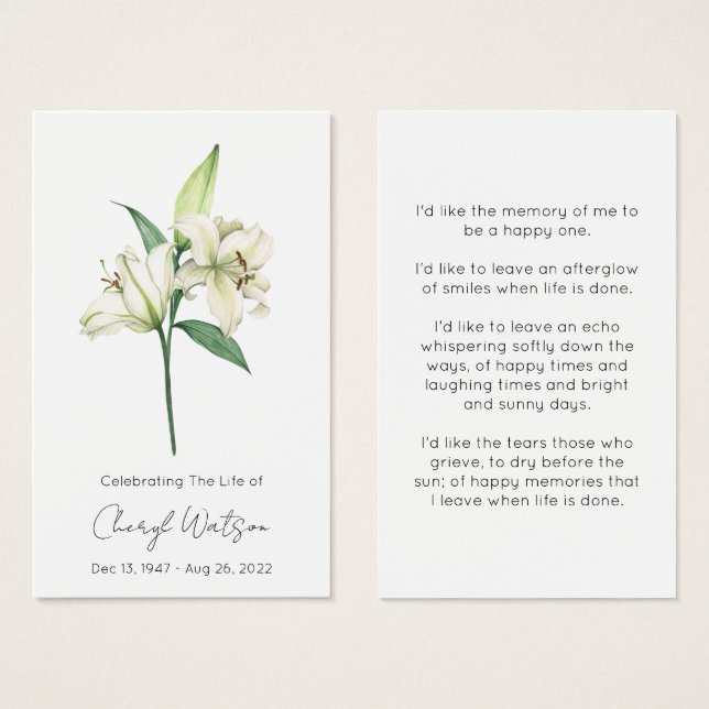 Carte de prière mémorielle funéraire Simple Lily (Devant & derrière)