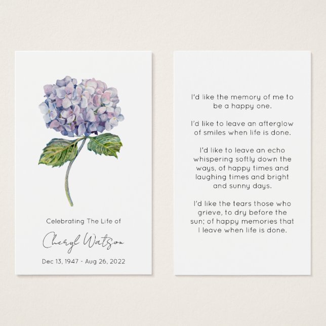 Carte de prière mémorielle simple hydrangea pour f (Devant & derrière)