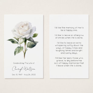 Carte de prière mémorielle simple rose blanche pou