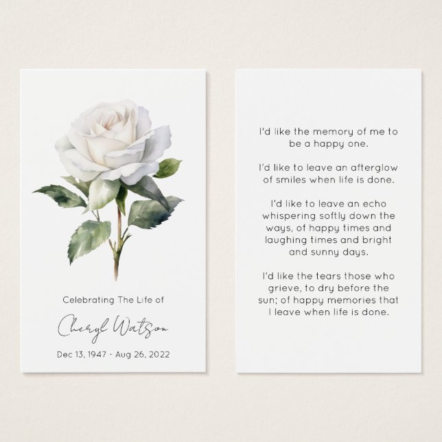 Carte de prière mémorielle simple rose blanche pou (Devant & derrière)