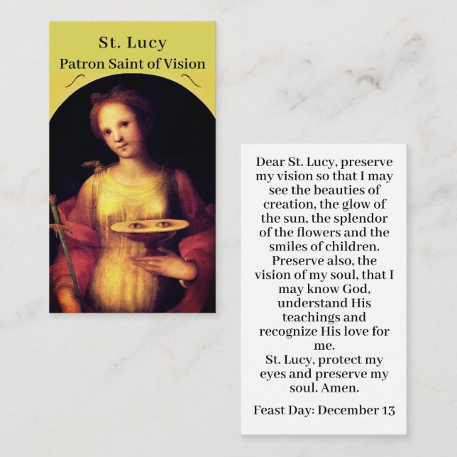 Carte de prière personnalisable Saint Lucy (Devant / Derrière)