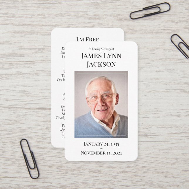 Carte de prière photo commémorative - Je suis libr (Devant/Arrière en situation)