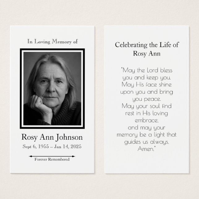 Carte de prière photo personnalisée pour les funér (Devant & derrière)