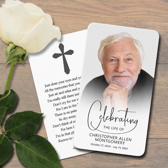 Carte de prière photo pour célébrer la vie (Celebration of Life photo prayer card bookmark with a cross and poem on the back (can be changed))