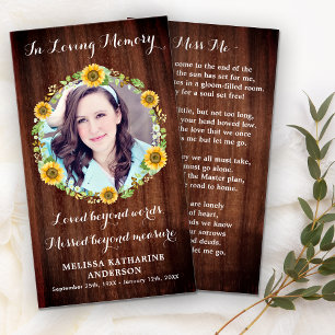 Carte de prière photo Rustic Wood Sunflower Memori
