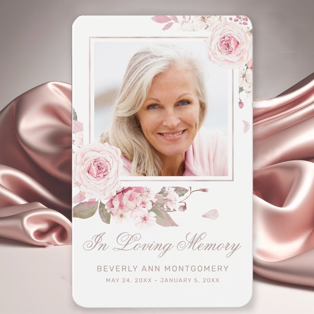 Carte de prière photo Sympathy Elegant Rose Rose (Elegant Pink Roses Photo Funeral Card with Prayer.)