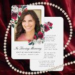 Carte de prière photo Sympathy Red Rose Black Scri<br><div class="desc">Envoyez cette élégante carte de prière florale personnalisée à votre famille et à vos amis en souvenir de votre être cher. Ce design comprend une photo sur le devant encadrée en faux or avec des roses d'aquarelle rouge et blanc peints à la main et de verdure. Ci-dessous, en script noir,...</div>