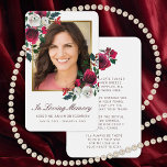 Carte de prière photo Sympathy Red Rose Floral Gol<br><div class="desc">Envoyez cette élégante carte de prière florale personnalisée à votre famille et à vos amis en souvenir de votre être cher. Ce design comprend une photo sur le devant encadrée en faux or avec des roses d'aquarelle rouge et blanc peints à la main et de verdure. Ci-dessous, dans un script...</div>