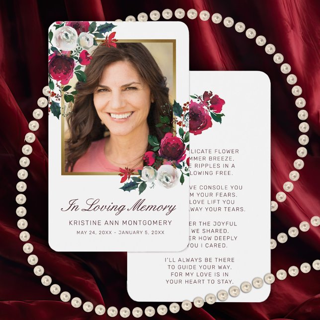 Carte de prière photo Sympathy Red Rose Floral Gol (Elegant Red Rose memorial Photo card with a poem or prayer on the back.)