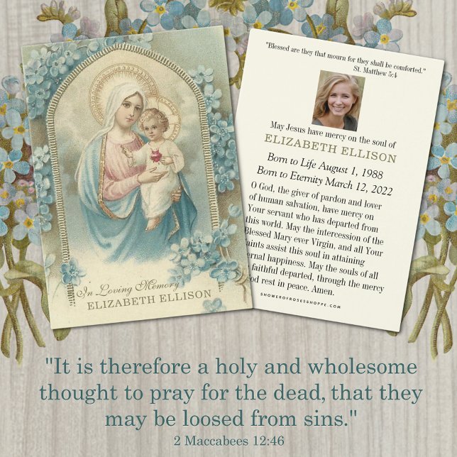Carte de prière pour les funérailles florales cath (Traditional Catholic Funeral Virgin Mary and Jesus Prayer Memorial Cards)