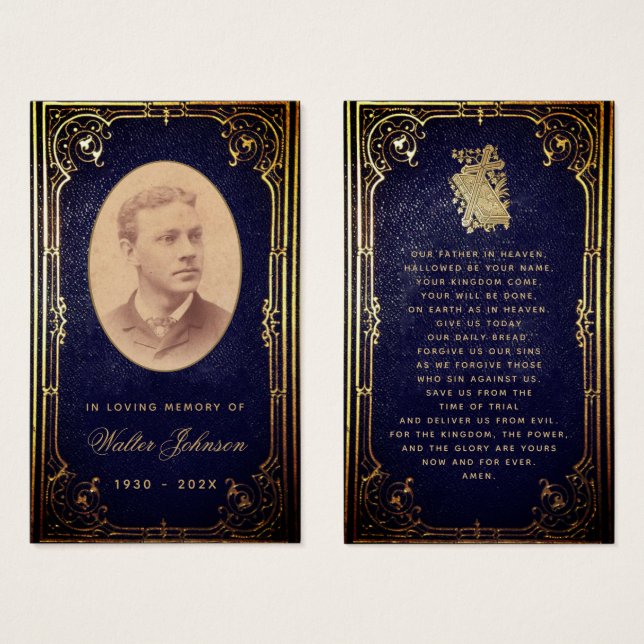 Carte de prière Vintage Blue Gold Memorial (Devant & derrière)