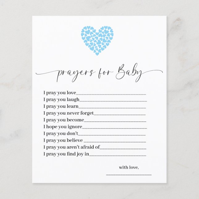 Carte de prières Budget Bleu Cœur pour Baby Shower (Devant)