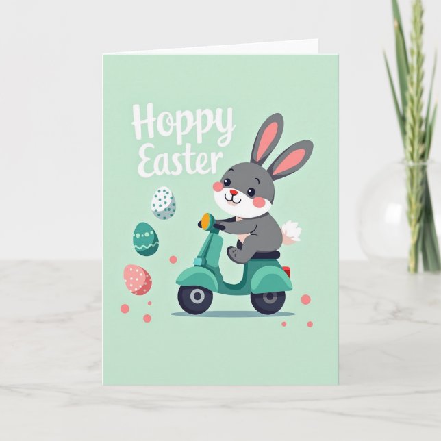 Carte de printemps avec scooter de lapin (Devant)