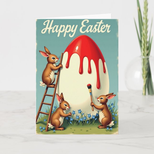 Carte de printemps de lapins peignant un œuf (Devant)