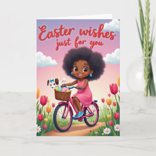 Carte de printemps en vélo avec une robe rose
