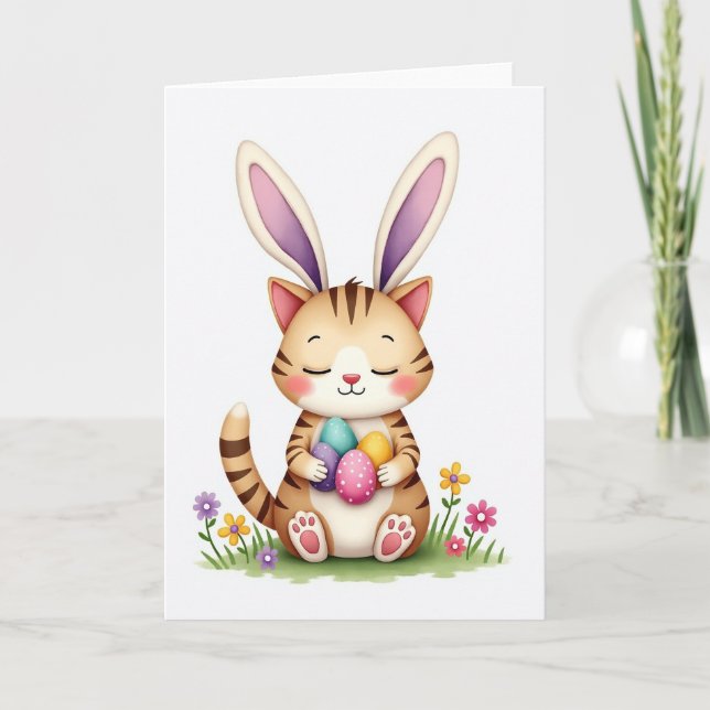 Carte de printemps joyeuse avec chat lapin (Devant)