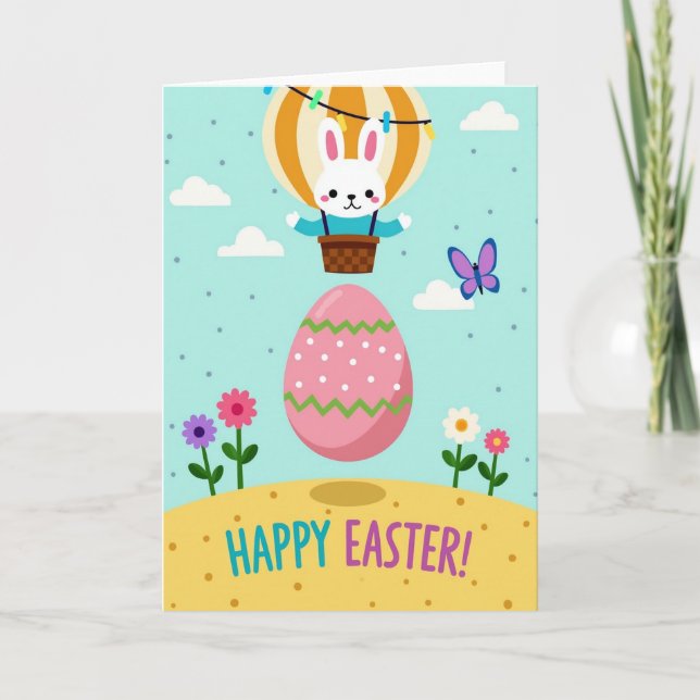 Carte de printemps joyeuse avec lapin et ballon (Devant)