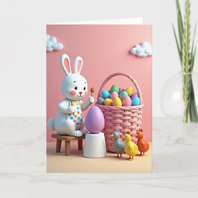 Carte de printemps joyeuse avec lapin peignant des (Devant)