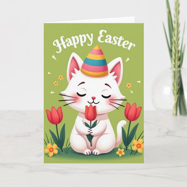 Carte de printemps Tulipe Chat Mignon (Devant)