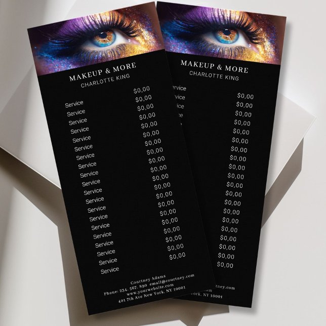Carte de prix en rack pour salon photo maquillage  (Personalized Modern, Makeup Photo Salon Price List Rack Card)