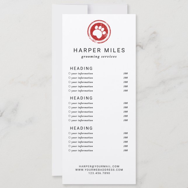 Carte de prix ou carte de services du fabricant de (Devant)