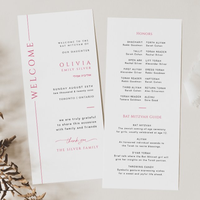 Carte de programme de Bat Mitzvah rose et blanc mo (Créateur téléchargé)