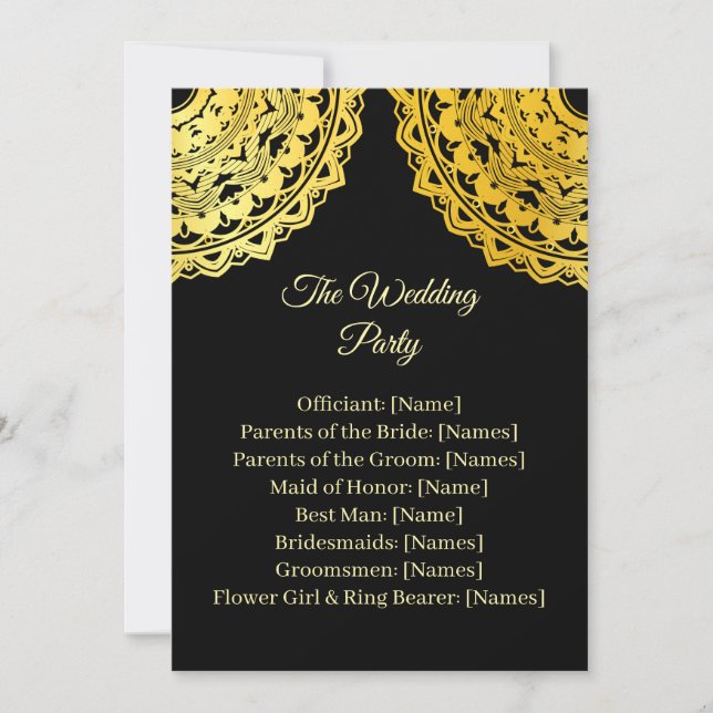 Carte de programme de cérémonie de mariage noir et (Devant)