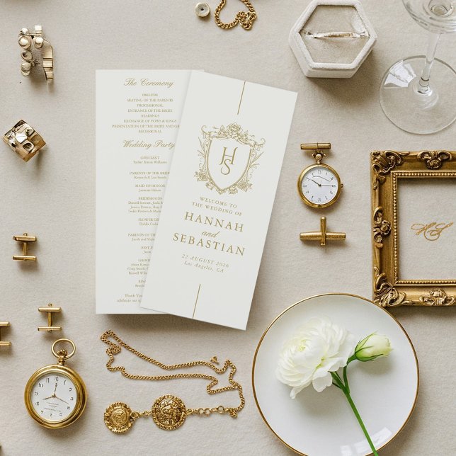 Carte de Programme de Mariage à Crête Vintage Anci (Old Money Vintage Crest Wedding Program)