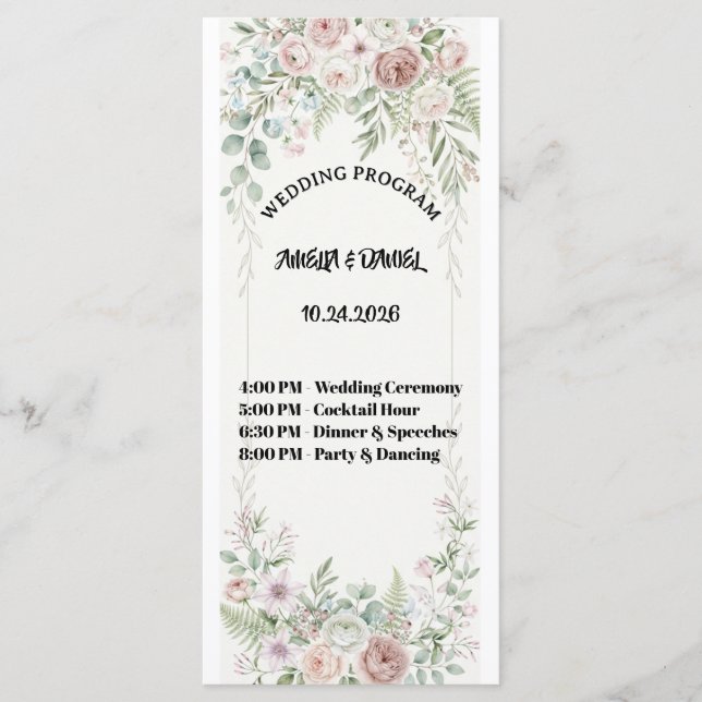 Carte de programme de mariage à fleurs bleu poussi (Devant)