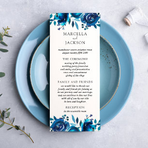 Carte de programme de mariage à fleurs indigo