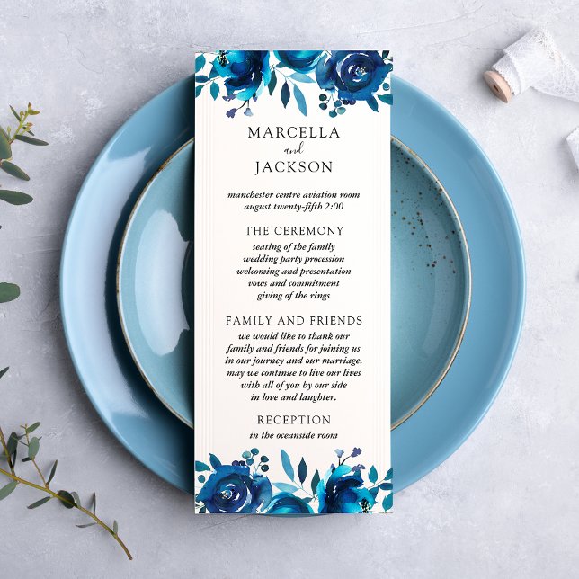 Carte de programme de mariage à fleurs indigo (Créateur téléchargé)