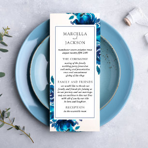 Carte de programme de mariage à fleurs indigo