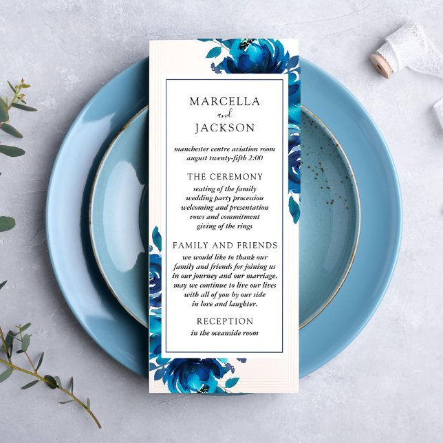 Carte de programme de mariage à fleurs indigo (Créateur téléchargé)