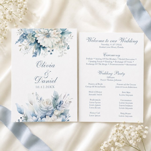 Carte de programme de mariage à fleurs sauvages bl (Dusty Blue Wildflower Wedding Program Card)