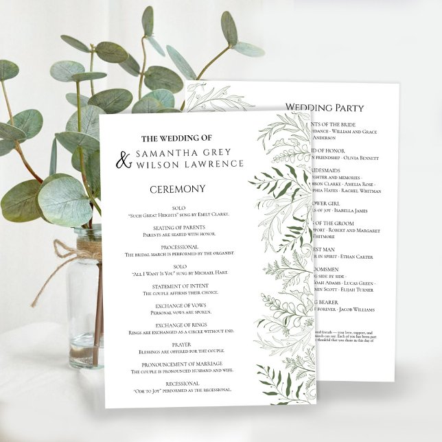 Carte de programme de mariage à la verdure botaniq (Créateur téléchargé)