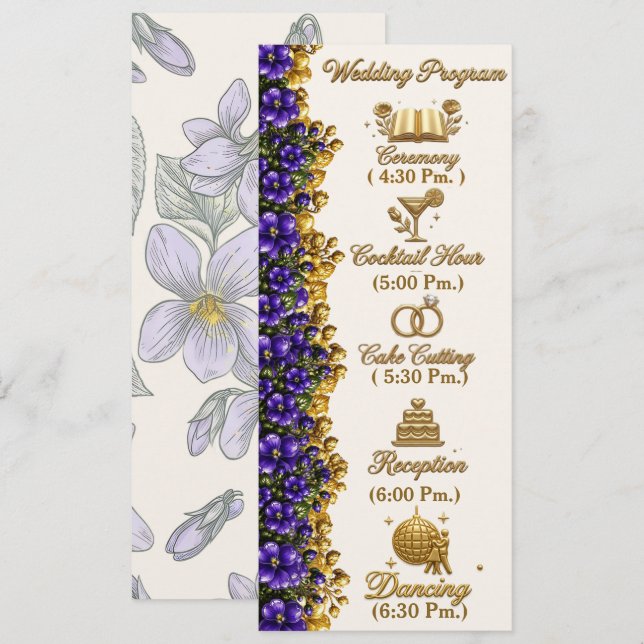 Carte de programme de mariage à la violette bleue  (Devant / Derrière)