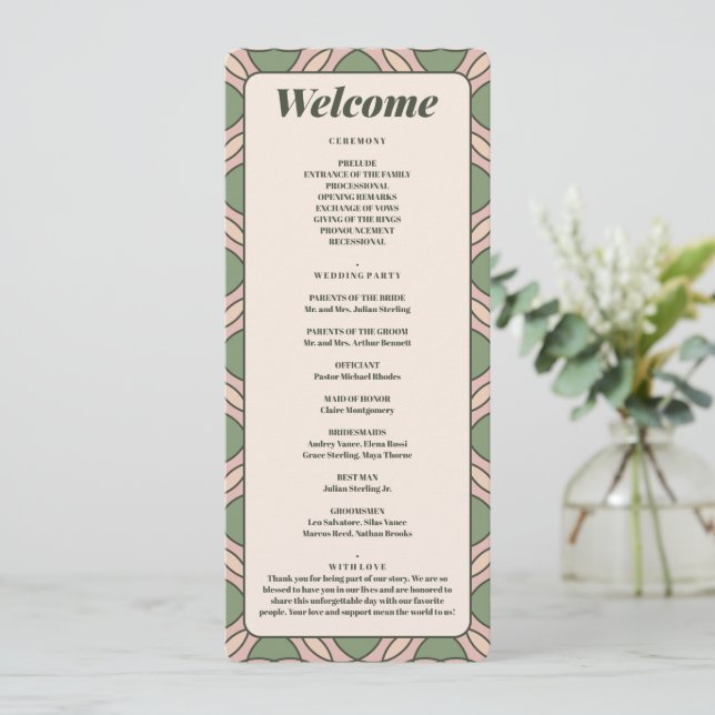 Carte de Programme de Mariage Art Déco Vert Sauge (Debout devant)