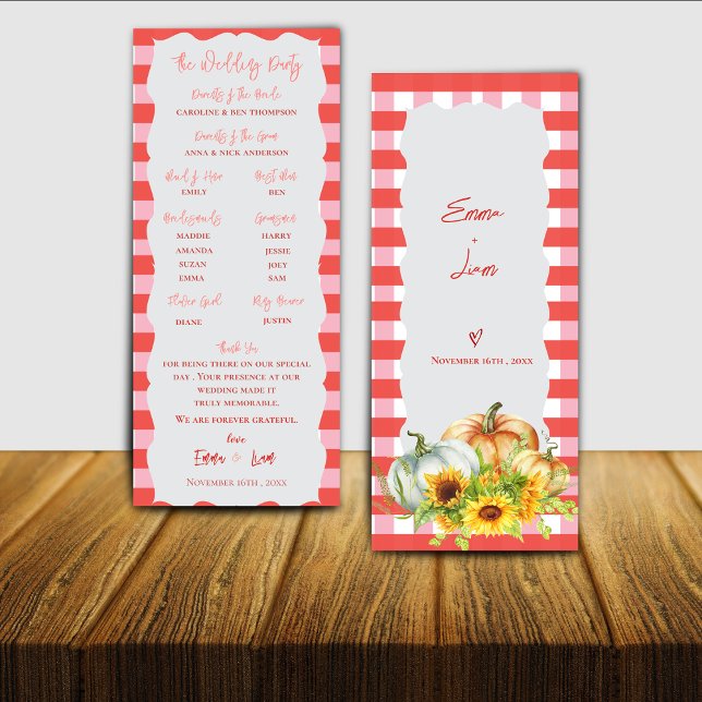 Carte de programme de mariage automnal citrouille  (Pumpkin & Sunflower Fall Wedding Program Card)