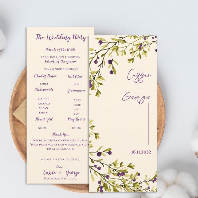 Carte de programme de mariage aux baies violettes  (Purple Berry & Greenery Wedding Program Card)