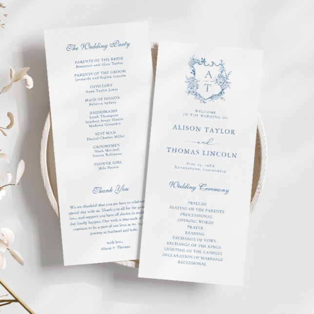 Carte de programme de mariage bleu vibrant à monog (Créateur téléchargé)