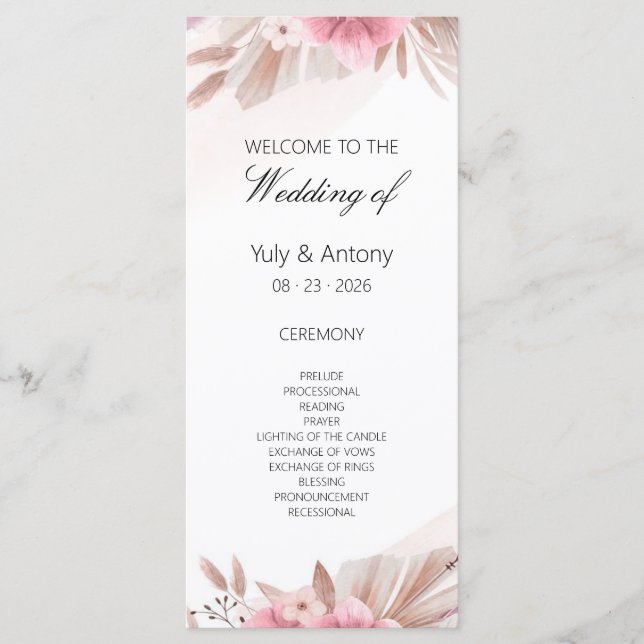 Carte de Programme de Mariage Bohème Rose Champagn (Devant)