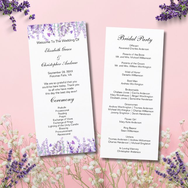Carte de programme de mariage botanique floral lav (Lavender Botanical Floral Watercolor Wedding Program Card- Front and Back)