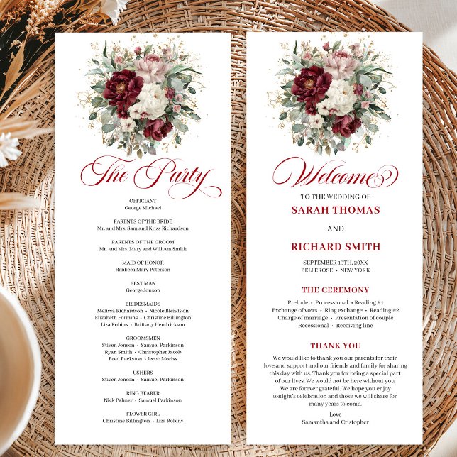 Carte de Programme de Mariage Burgundy Or Rose Élé (Chic Blush Burgundy Gold Wedding Program Card)