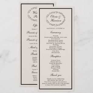 Carte de programme de mariage classique en tenue d