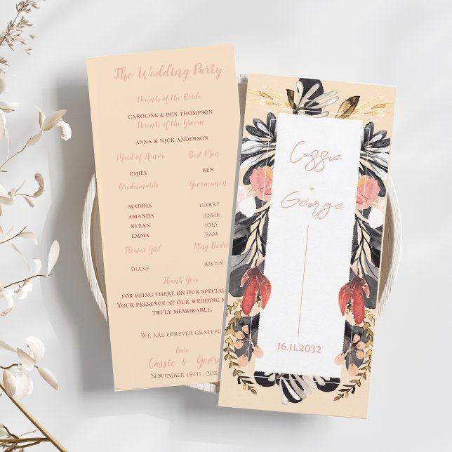 Carte de programme de mariage élégante aux fleurs  (Elegant Blush & Black Floral Wedding Program Card)