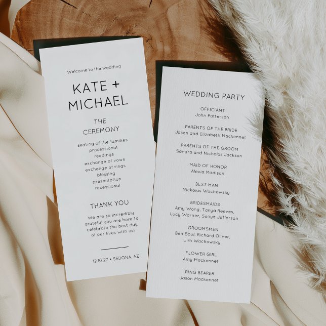 Carte de programme de mariage élégante noir et bla (Elegant Minimalist Black and White Double Sided Wedding Program)