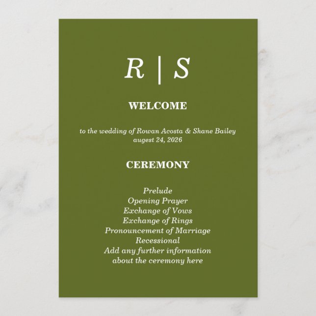 Carte de programme de mariage élégante vert sauge  (Devant)