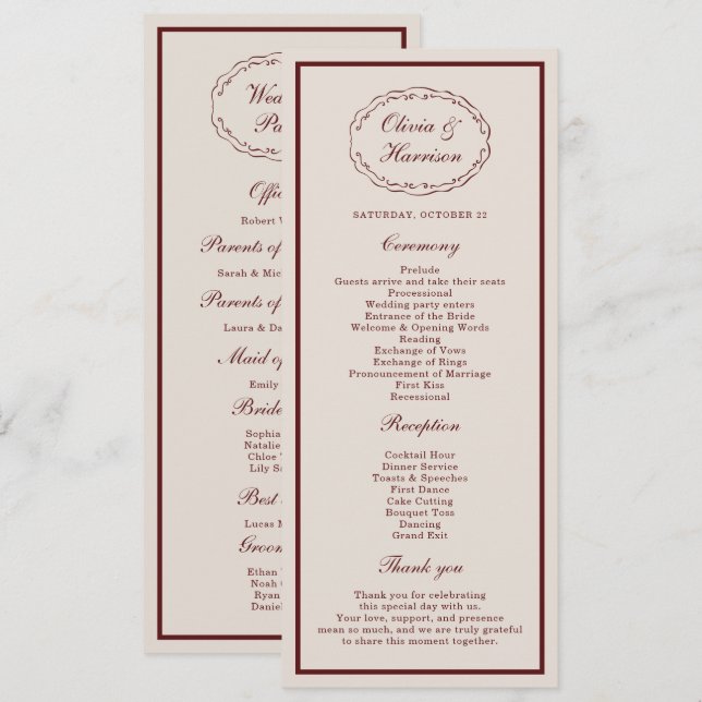 Carte de programme de mariage en Bourgogne Old Mon (Devant / Derrière)